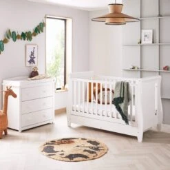 Babymore Stella Dropside Sleigh Cot Bed 2 Piece Nursery Room Set – White