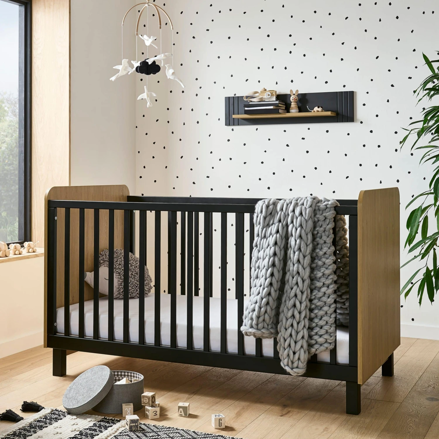 CuddleCo Rafi Cot Bed – Oak And Black 3 CuddleCo Rafi Cot Bed – Oak And Black