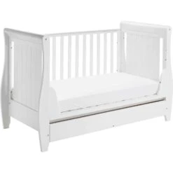 Babymore Stella Dropside Sleigh Cot Bed 2 Piece Nursery Room Set – White -Baby Supplies babymore stella cot bed dropside sleigh 2 1
