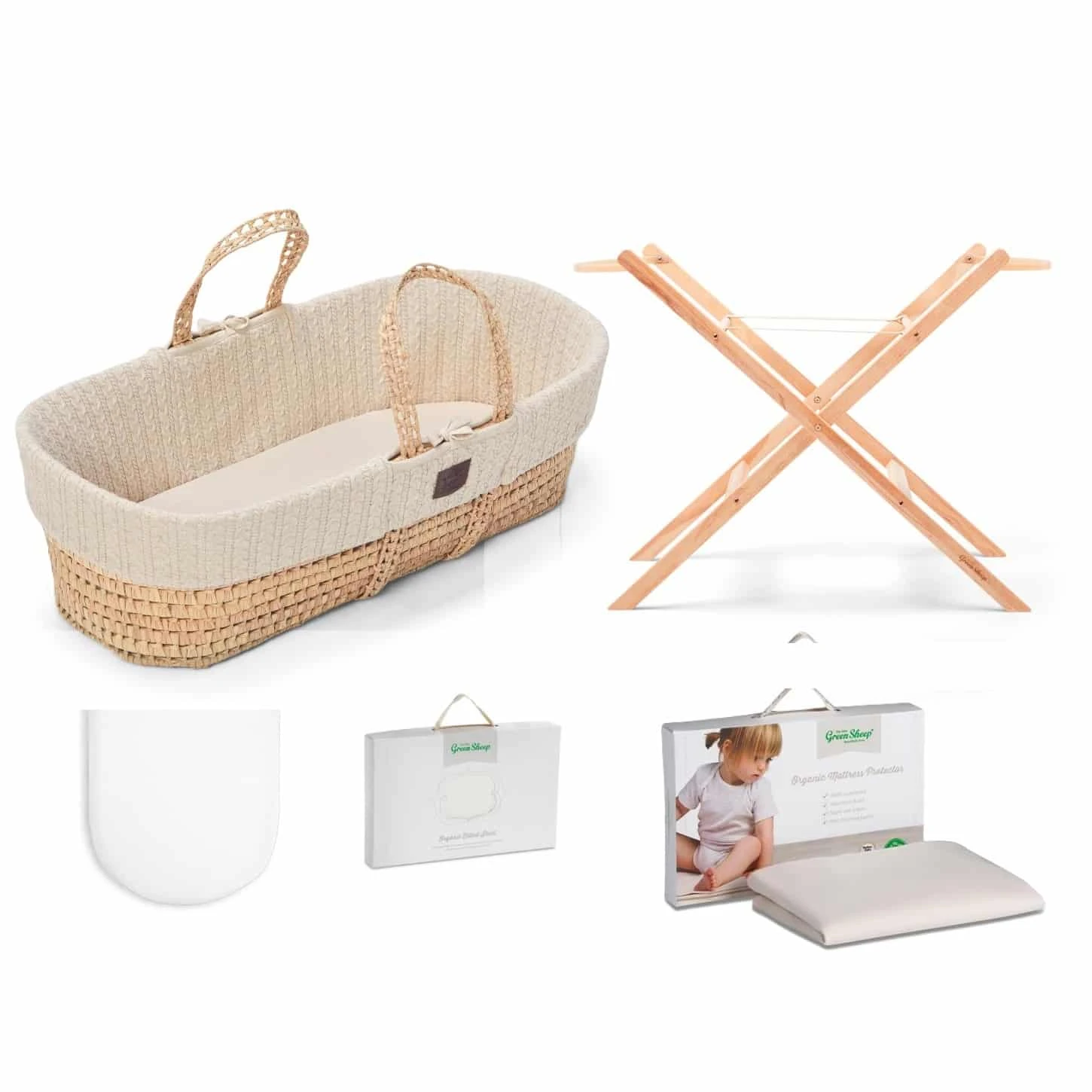 Little Green Sheep Natural Nitted Moses Basket Bundle – Linen 3 Little Green Sheep Natural Nitted Moses Basket Bundle – Linen